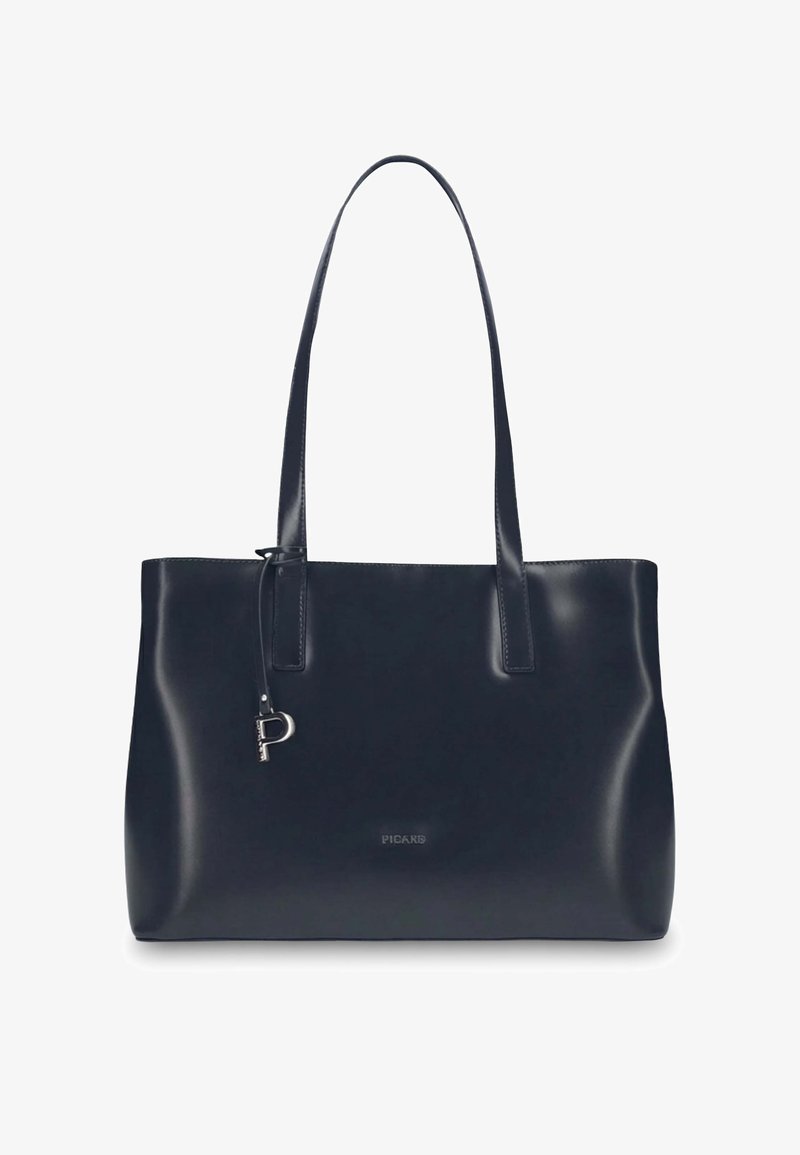 Schwarze Ledertasche mit zwei Schulterriemen, silbernem "P"-Anhänger und dezent geprägtem Markennamen "PICARD" auf der Vorderseite.