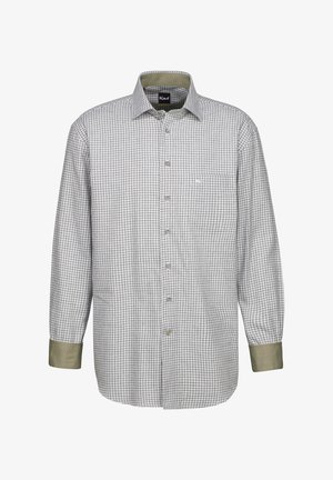 Camicia button-up con motivo a griglia in bianco e blu navy. Presenta maniche lunghe, un accento verde sui polsini e una tasca sul petto.