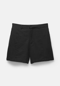 Black linen shorts with a straight fit, featuring belt loops and two front pockets, designed with a minimalistic and flat waistband.