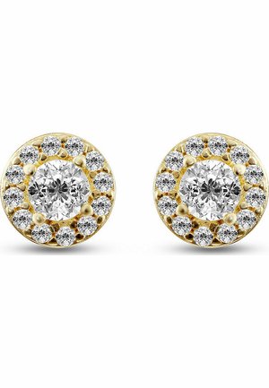 Guldøreringe med en central rund diamant omgivet af mindre diamanter, alt sammen sat i et cirkulært design med en poleret finish.