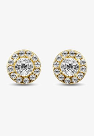 Guldøreringe med en central rund diamant omgivet af mindre diamanter, alt sammen sat i et cirkulært design med en poleret finish.