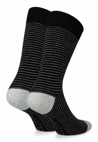 Czarno-szare skarpetki w paski z czarnym prążkowanym ściągaczem oraz jasnoszarym piętą i palcami. Miękka tkanina o gładkiej strukturze.