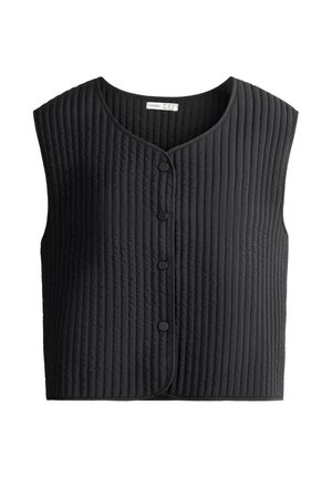 Fekete, ujjatlan, steppelt mellény kerek nyakkivágással és elöl patentos zárral.