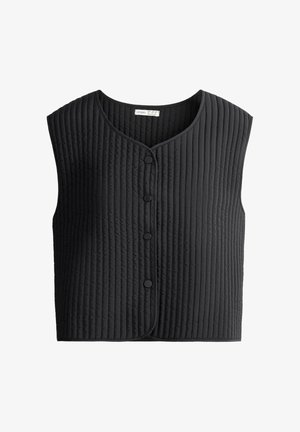 Fekete, ujjatlan, steppelt mellény kerek nyakkivágással és elöl patentos zárral.