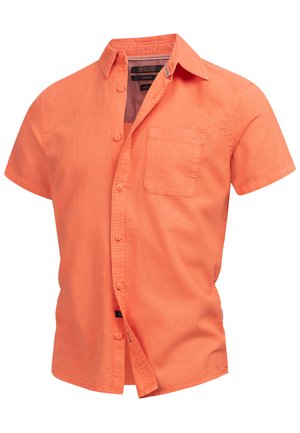 Kurzärmliges Hemd aus leuchtend orangefarbenem Leinen, mit Knopfleiste, Kragen und einer Brusttasche sowie einem geraden Saum.