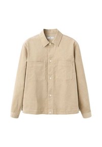 Beige corduroy button-up shirt with a collar, two chest pockets, and long sleeves. Smooth texture and classic design.
