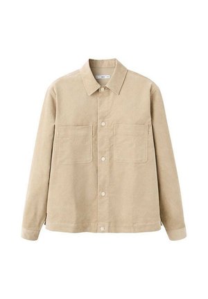 Beige corduroy button-up shirt with a collar, two chest pockets, and long sleeves. Smooth texture and classic design.
