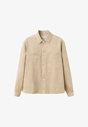 Beige corduroy button-up shirt with a collar, two chest pockets, and long sleeves. Smooth texture and classic design.