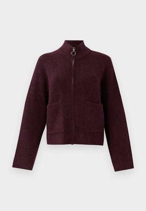 Dark purple zip-up sweater with high collar, ring pull zipper, long sleeves, and two front patch pockets on a white background.