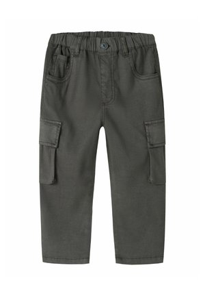 Pantaloni cargo gri închis cu talie elastică, închidere cu nasture, două buzunare frontale și buzunare laterale cargo, așezați plat pe un fundal alb.