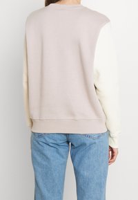 Ljust beige sweatshirt med krämfärgade ärmar, med en ribbad rund halsringning och nederkant. Slät textur, avslappnad passform, synliga sömmar.