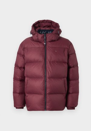 Maroon puffer jacket with a hood, zip closure, and elastic cuffs. Features quilted sections for insulation. Logo accents on the chest.