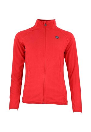 Veste en polaire rouge avec un col haut, une fermeture éclair intégrale et des poches latérales. Elle présente un petit logo sur la poitrine et une texture lisse et douce.