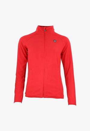 Veste en polaire rouge avec un col haut, une fermeture éclair intégrale et des poches latérales. Elle présente un petit logo sur la poitrine et une texture lisse et douce.