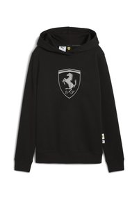 Felpa con cappuccio nera realizzata in tessuto morbido. Presenta un grande logo Ferrari argento sul davanti e etichette di marca sulle maniche.
