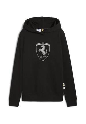 Black hooded sweatshirt made from soft fabric. Features a large silver Ferrari logo on the front and branded tags on the sleeves.
