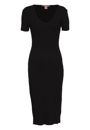 Robe midi noire en maille côtelée à manches courtes, avec col en V et silhouette ajustée.