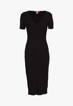 Robe midi noire en maille côtelée à manches courtes, avec col en V et silhouette ajustée.