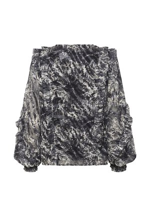 Zwart-witte blouse met patroon, voorzien van pofmouwen, rimpelaccenten en een losse pasvorm. Gemaakt van lichte, gestructureerde stof.