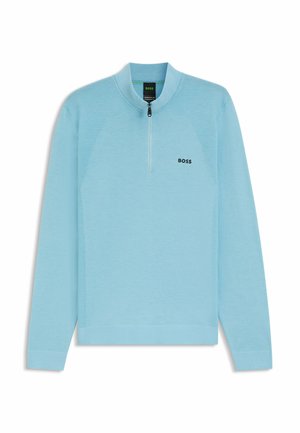 Light blue pullover sweater with a quarter-zip collar, textured shoulder panels, and a subtle black "BOSS" logo on the front. Soft fabric.