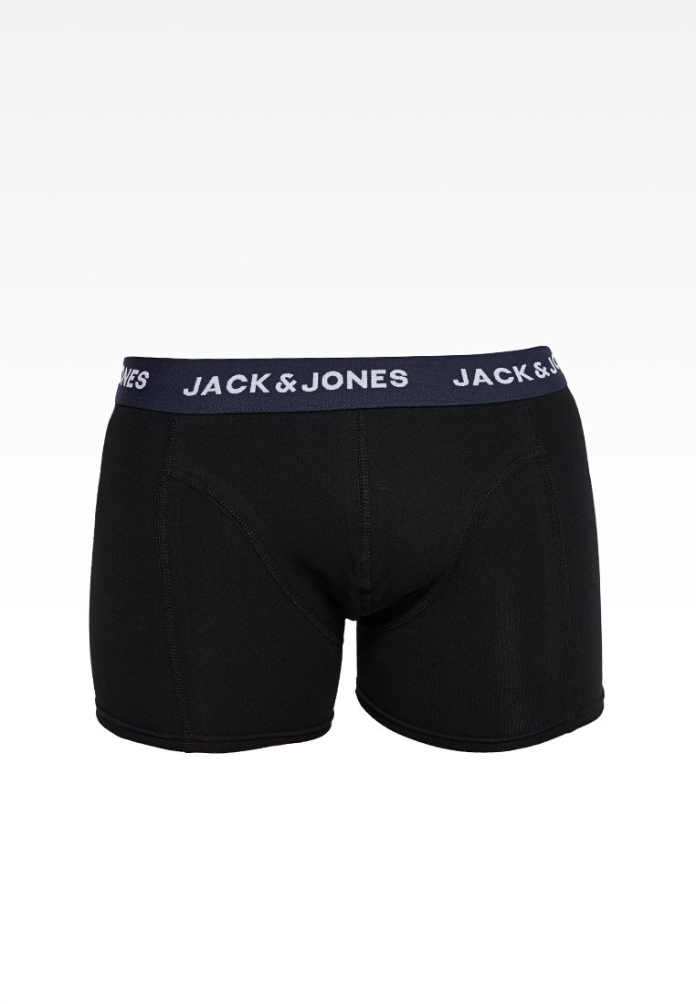 Schwarze Boxer Shorts aus dehnbarem Stoff. Mit einem blauen Bund, auf dem "JACK & JONES" in Weiß gedruckt ist. Figurumspielendes Design, Länge bis zur Mitte des Oberschenkels.