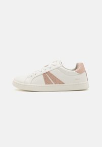 White sneakers with a smooth leather upper, featuring rose gold glitter accents on the sides and heel, and a textured rubber sole.