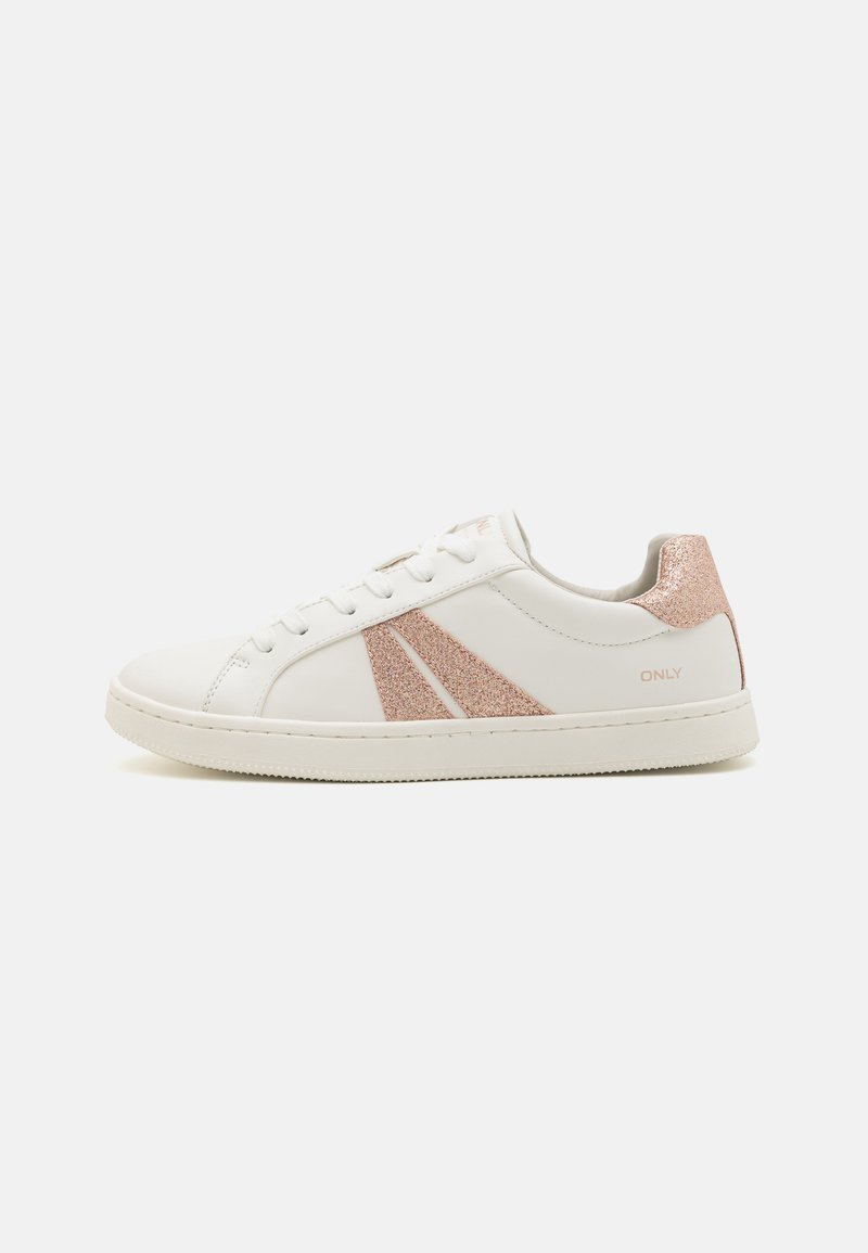 White sneakers with a smooth leather upper, featuring rose gold glitter accents on the sides and heel, and a textured rubber sole.