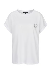 Kragenloses, kurzärmliges weißes T-Shirt aus weichem Baumwollstoff mit einem runden Halsausschnitt und einem kleinen schwarzen Grafikdruck auf der Vorderseite.