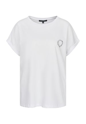 Kragenloses, kurzärmliges weißes T-Shirt aus weichem Baumwollstoff mit einem runden Halsausschnitt und einem kleinen schwarzen Grafikdruck auf der Vorderseite.