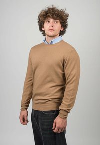 Beige gebreide trui met een ronde halslijn, lange mouwen en geribbelde zomen, gedragen over een lichtblauw overhemd met kraag, gecombineerd met donkere spijkerbroek.