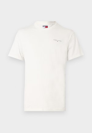 White cotton t-shirt with a crew neckline, short sleeves, and a small printed logo in black on the left chest area.