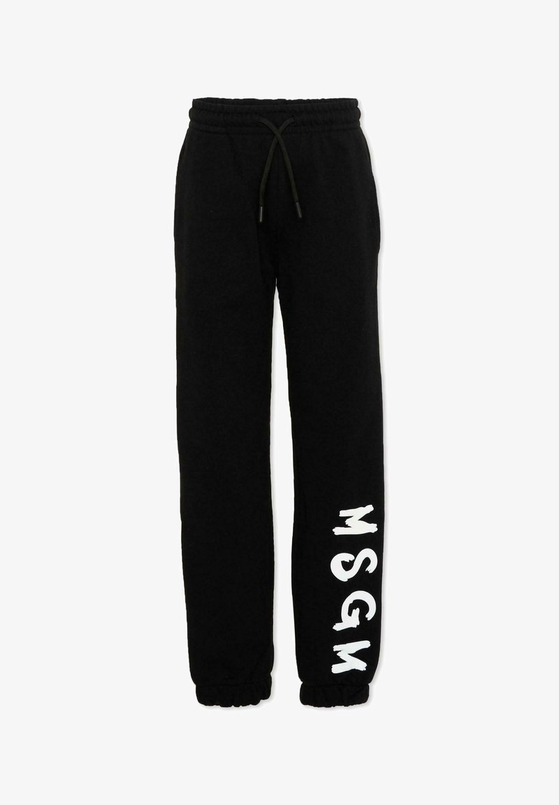 Pantalon de survêtement noir avec taille et poignets élastiques, cordon de serrage, et logo vertical blanc "MSGM" sur la partie inférieure de la jambe droite.