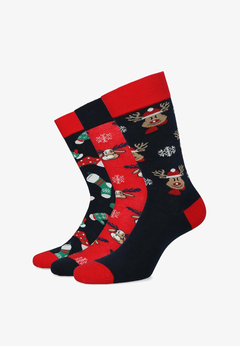 Trzy pary świątecznych skarpetek. Mieszanka bawełny, w kolorze granatowym i czerwonym, z motywami reniferów, śnieżynkami i wzorami świątecznymi. Rybkowane mankiety w kolorze czerwonym.