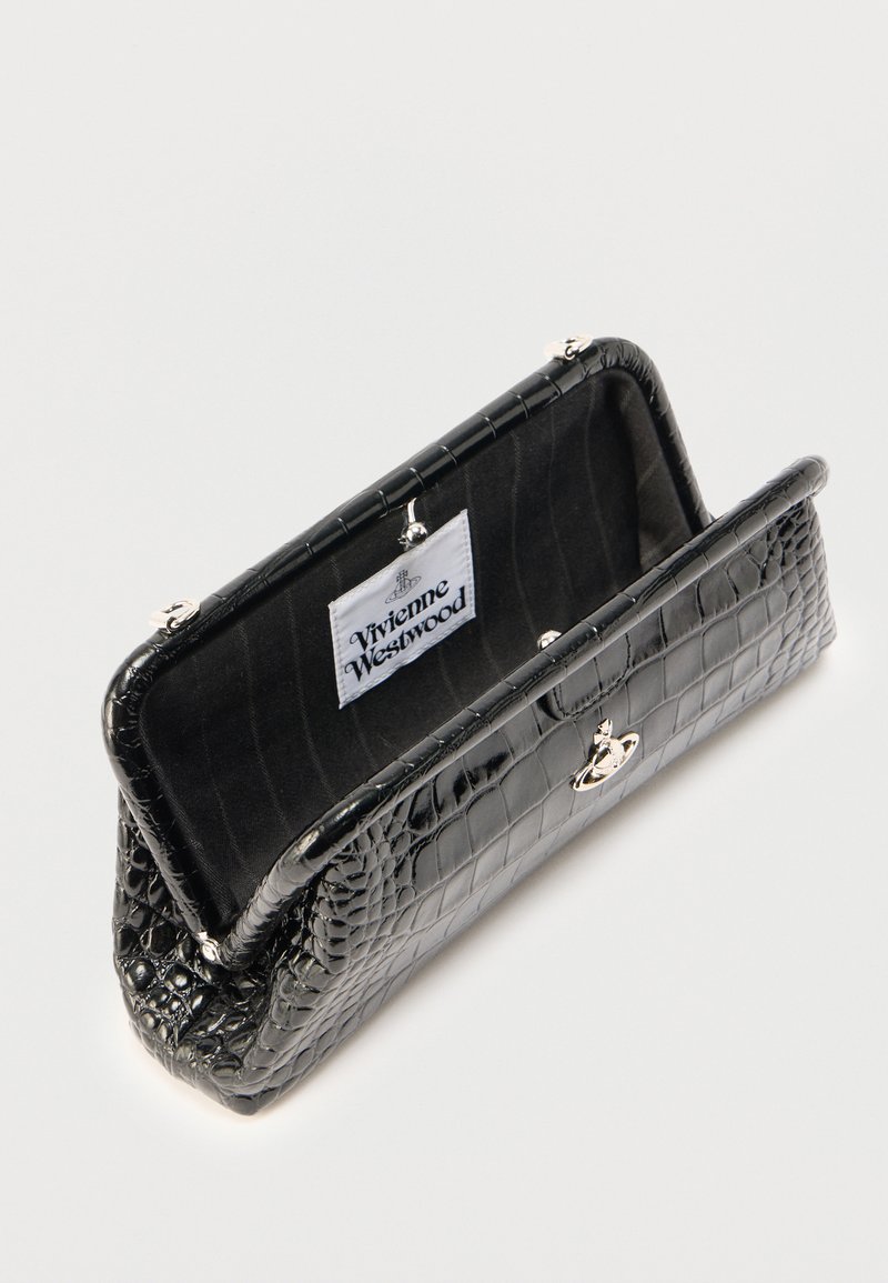Black crocodile-textured clutch purse with metal clasp, Vivienne Westwood label inside, shown open on white background.