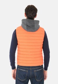 Uomo che indossa un gilet imbottito arancione brillante sopra una maglietta a maniche lunghe blu navy e un cappuccio grigio, in piedi con la schiena rivolta verso la macchina fotografica.