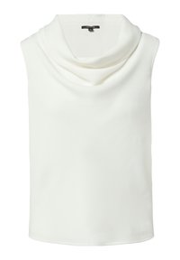 Beżowa bluzka bez rękawów z drapowanym dekoltem, wykonana z gładkiego materiału. Charakteryzuje się czystym, prostym designem bez dodatkowych wzorów czy akcentów.