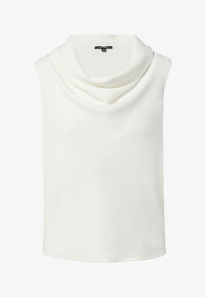 Beżowa bluzka bez rękawów z drapowanym dekoltem, wykonana z gładkiego materiału. Charakteryzuje się czystym, prostym designem bez dodatkowych wzorów czy akcentów.