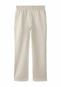 Beżowe spodnie dresowe z elastycznym pasem, dwoma bocznymi kieszeniami, prostym krojem nogawek i miękką fakturą, odpowiednie do noszenia na co dzień.