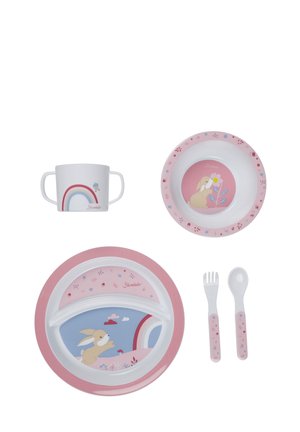 Five-piece children's tableware set featuring a white cup, pink plate, divided bowl, and utensils, adorned with bunny and floral designs.