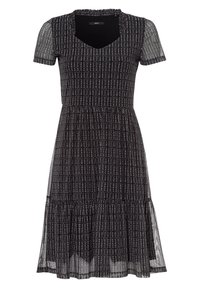 Schwarzes Kleid mit kurzen Ärmeln, ausgestattet mit einem gerafften Oberteil, einem gestuften Rock und einem strukturierten Muster aus kleinen, weißen senkrechten Linien. V-Ausschnitt-Design.