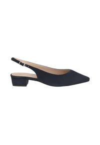 Marineblauwe suède slingback schoen met een spitse neus en een lage blokhak. Voorzien van een gespband voor een veilige sluiting. Gladde, matte textuur.