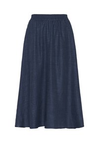 Fustă de lungime până la genunchi, de culoare bleumarin închis, realizată dintr-un material ușor. Dispune de un elastic la talie și are o textură netedă și fluidă.