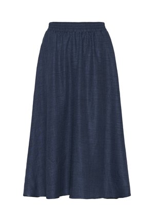 Une jupe bleu marine, de longueur genou, fabriquée en tissu léger. Elle présente une taille élastique et une texture lisse et fluide.