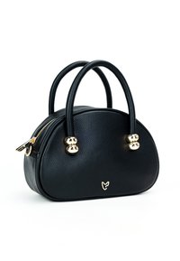 Borsa a tracolla nera con texture, forma arrotondata, doppi manici, hardware color oro e chiusura con zip sulla parte superiore. Presenta un logo sulla parte anteriore.