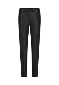 Pantalon noir ajusté en matériau lisse, avec une fermeture à bouton, des plis devant et des jambes droites pour une silhouette épurée.