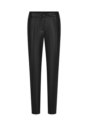 Schwarze Anzughose aus glattem Material, mit Knopfverschluss, vorderen Falten und geraden Beinen für eine schmal geschnittene Silhouette.