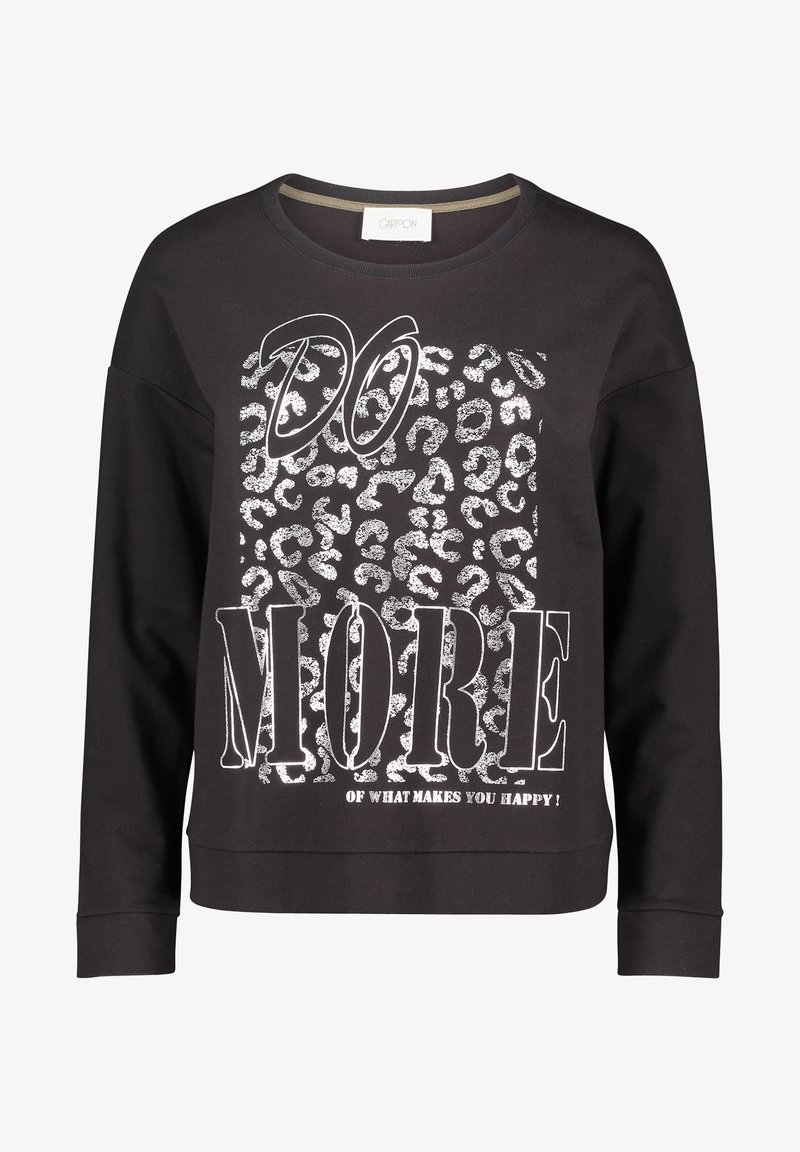 Sweat noir à manches longues avec imprimé léopard blanc et texte en gras « FAIS PLUS de ce qui te rend heureux ! » au centre devant.