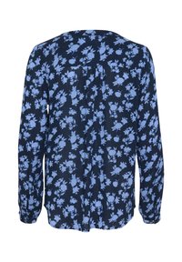 Langsleeve blouse in marine stof met een bloemenpatroon in lichtblauw. Heeft een ronde halslijn en een comfortabele pasvorm met een plooidetail aan de achterkant.