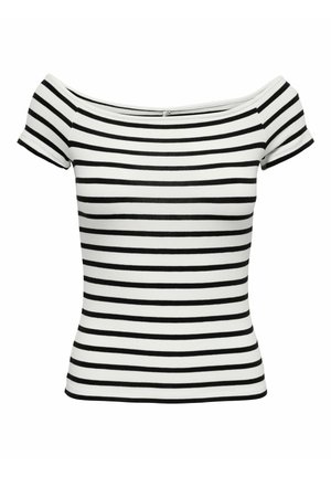 Top ajusté blanc à épaules dénudées avec des rayures horizontales noires. Manches courtes et tissu lisse et extensible. Fermeture éclair au dos.