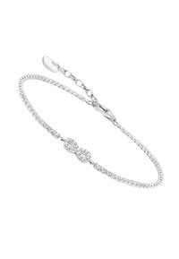 Bracciale in argento con una catena delicata, caratterizzato da un simbolo dell'infinito centrale decorato con piccoli cristalli trasparenti, design con chiusura regolabile.